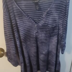 Lane Bryant Navy and White Striped V-Neck Long Sleeve Tee